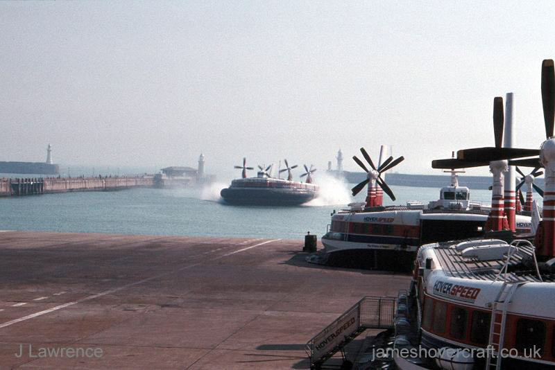 The SRN4 with Hoverspeed in Dover - Mk III The Princess Margaret (GH-2006) arriving behind the smaller craft (Pat Lawrence).